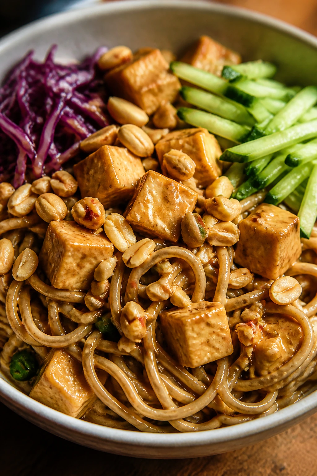 Bowl of peanut soba noodles with tofu and veggies.