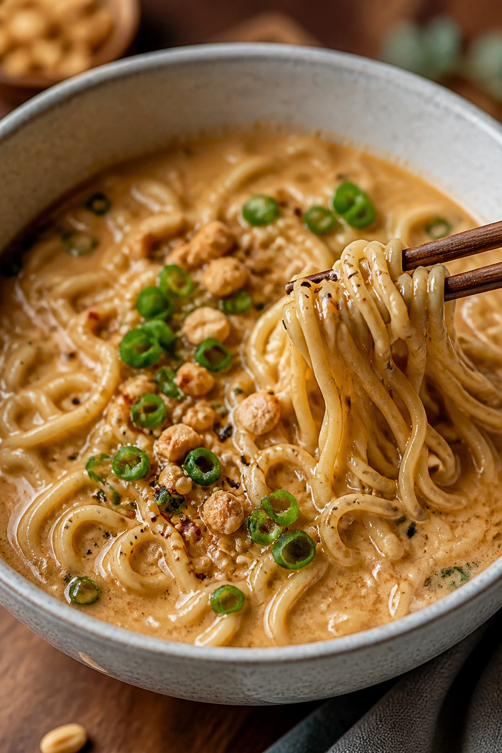 Peanut soy ramen in a steaming bowl