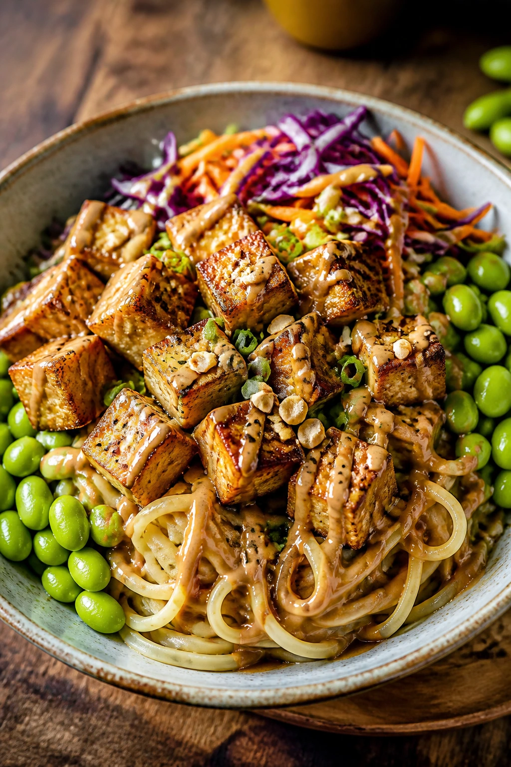 Tofu noodle bowl with peanut sauce and vegetables