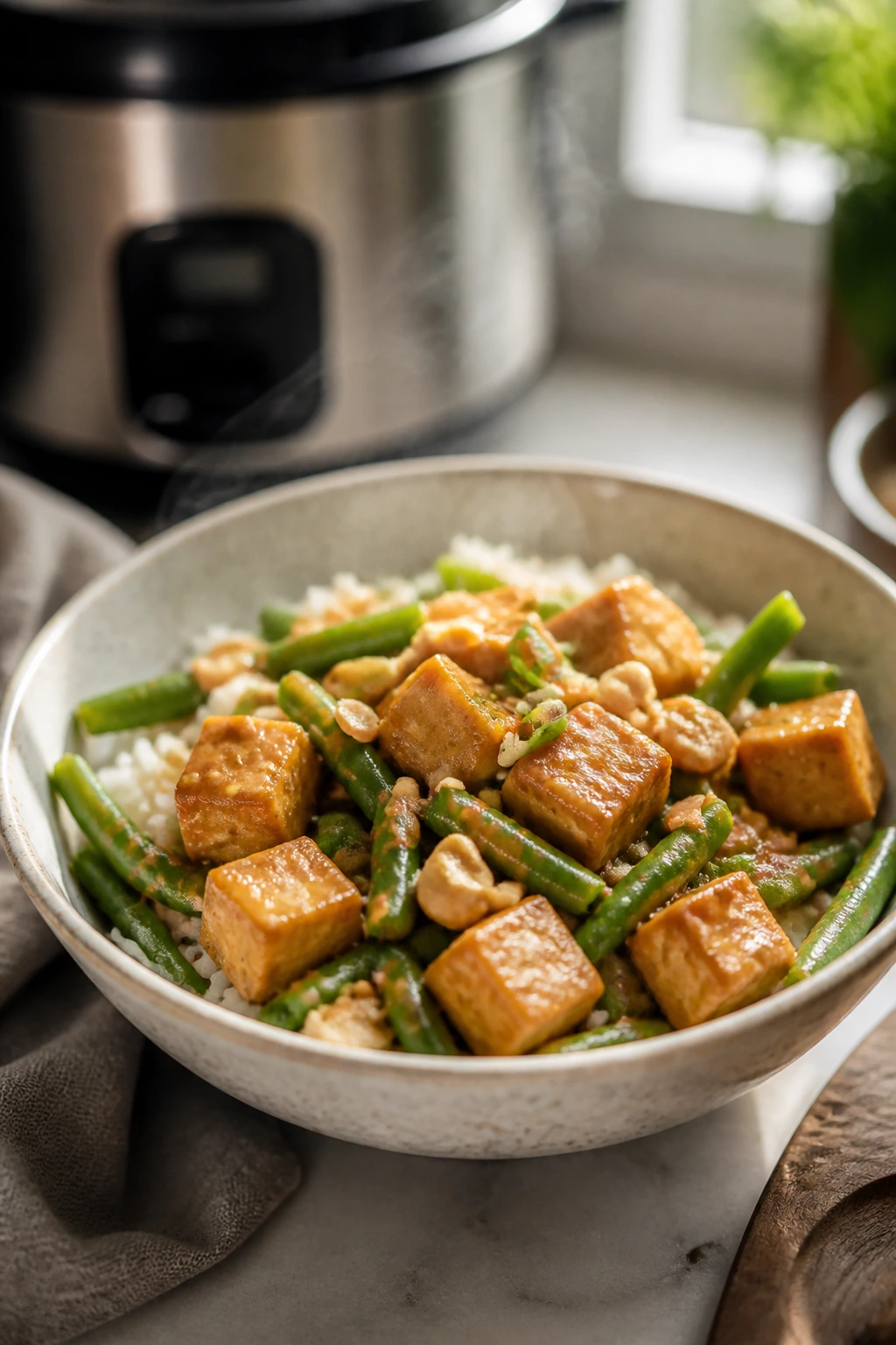 Close-up of a peanut tofu and green bean rice bowl on a kitchen counter