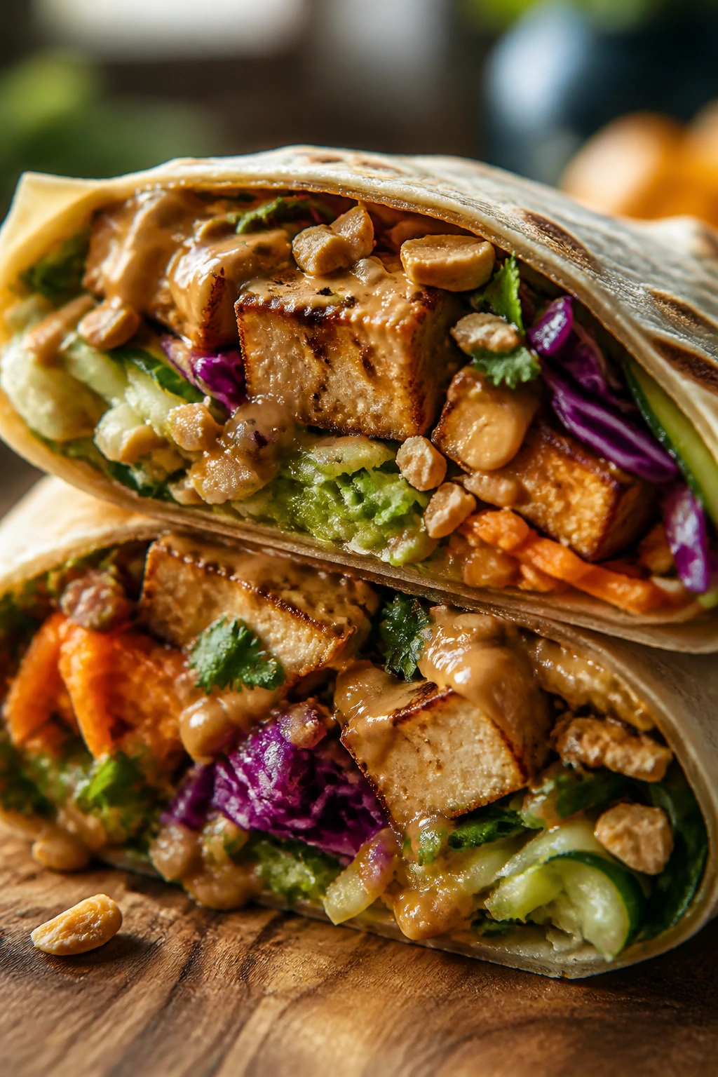 Close-up cross-section of Peanut Tofu Crunch Wrap showing tofu, cabbage, cucumber and peanuts