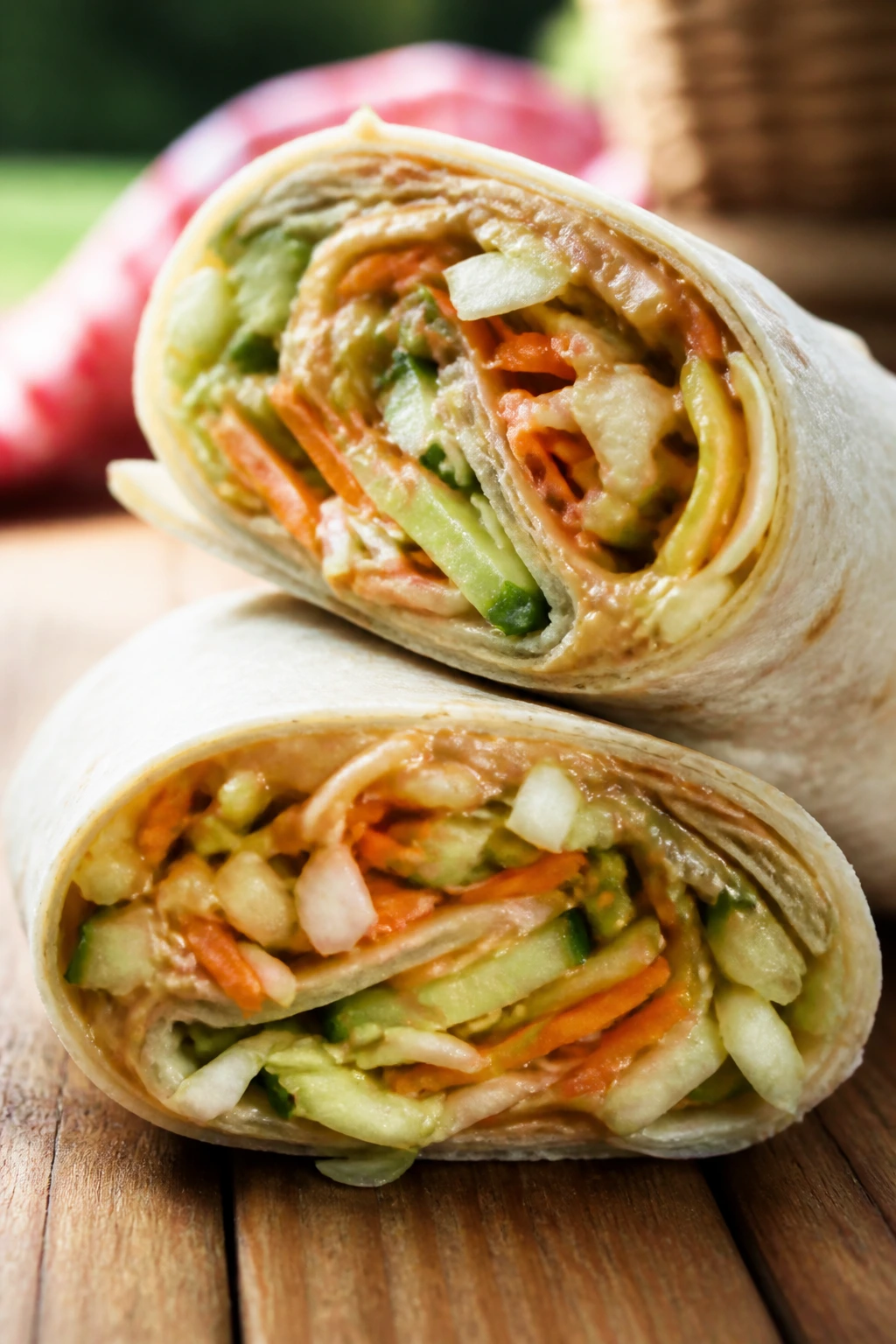 Cross-section of crunchy veggie peanut wrap showing cabbage, carrot, cucumber and peanut sauce