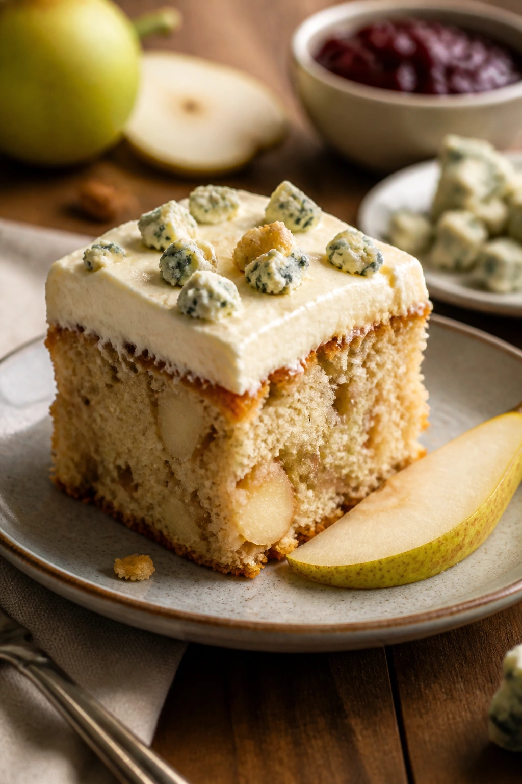Plate with pear-included cake slice