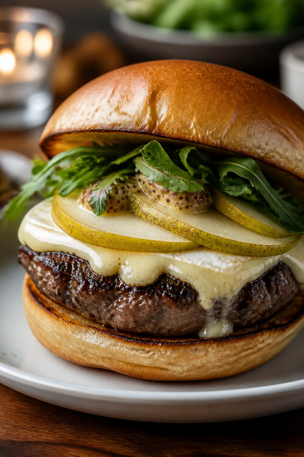 Beef burger with brie melting, pear slices and arugula on bun