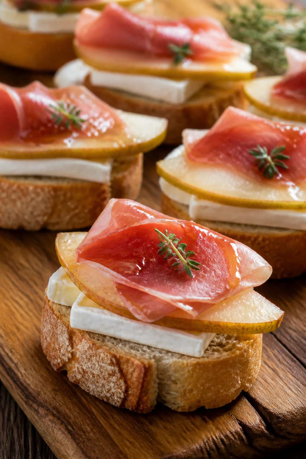 Close-up of pear, brie, and prosciutto crostini on rustic board with honey drizzle