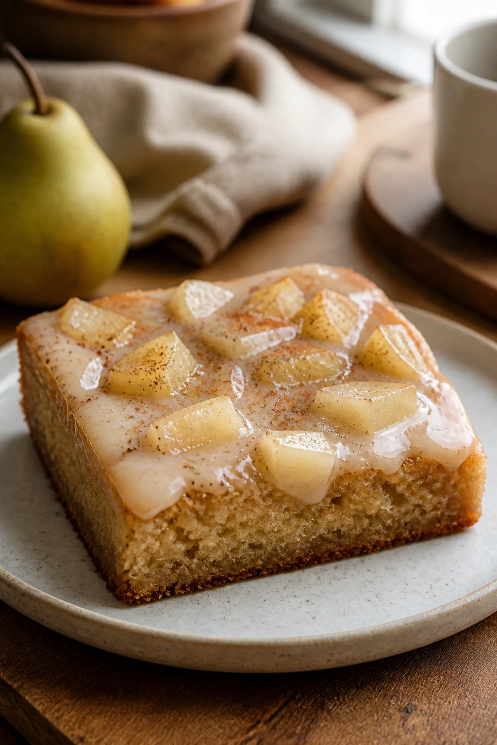Cake top with pear chunks and cardamom on a warm kitchen counter