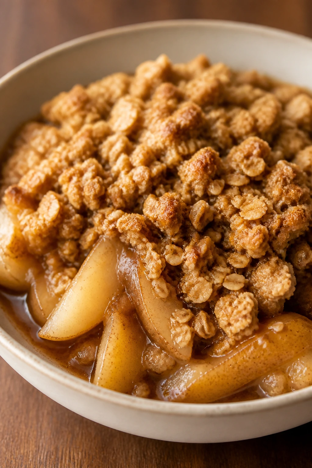 Pear crisp in a bowl with crumbly topping in a cozy kitchen setting