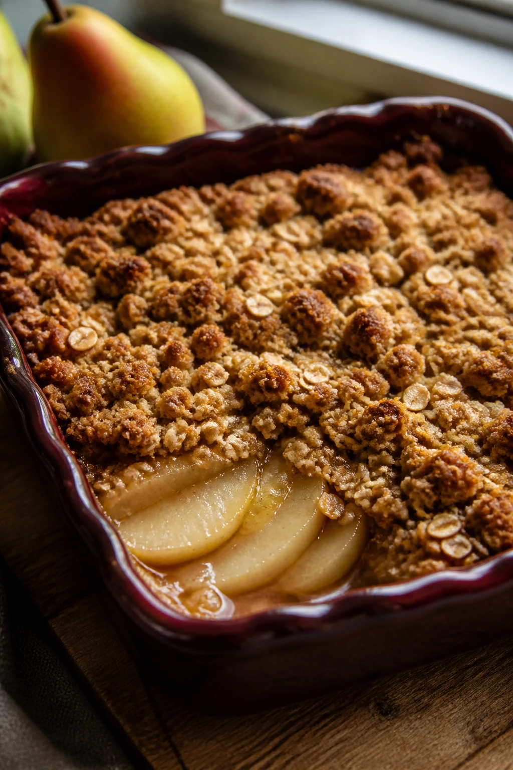 Close-up of pear and ginger crumble in a baking dish on a warm kitchen counter