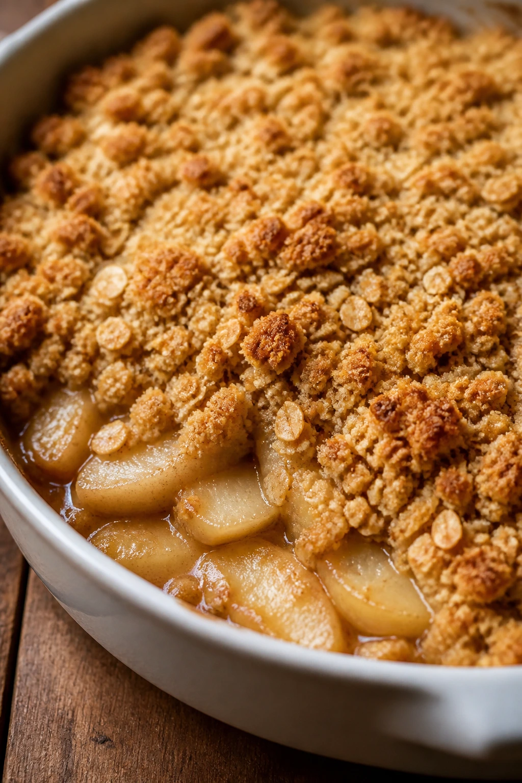 Close-up of Pear and Honey Crumble in a baking dish.