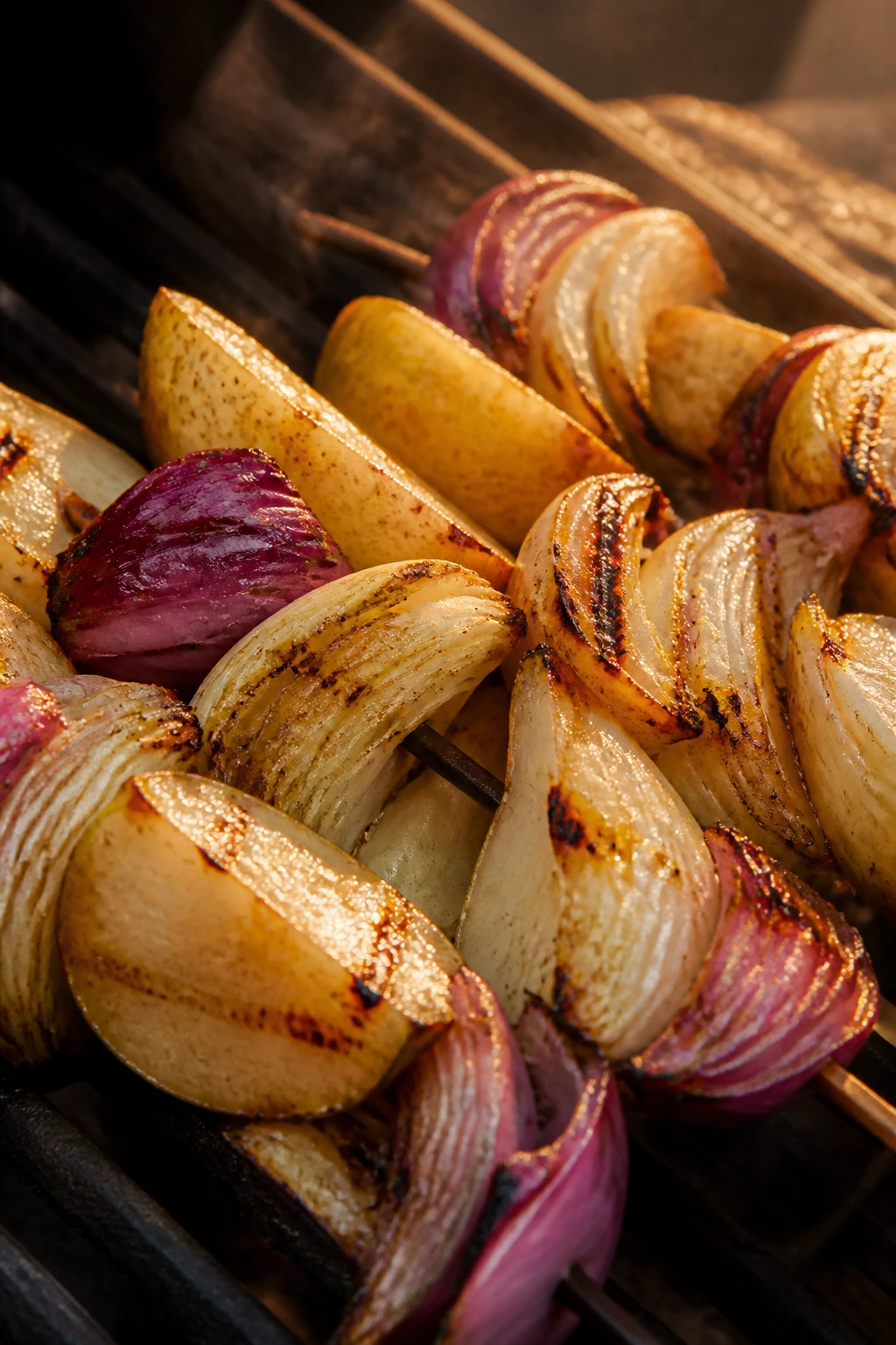 Close-up of pear, red onion, fennel skewers on a grill