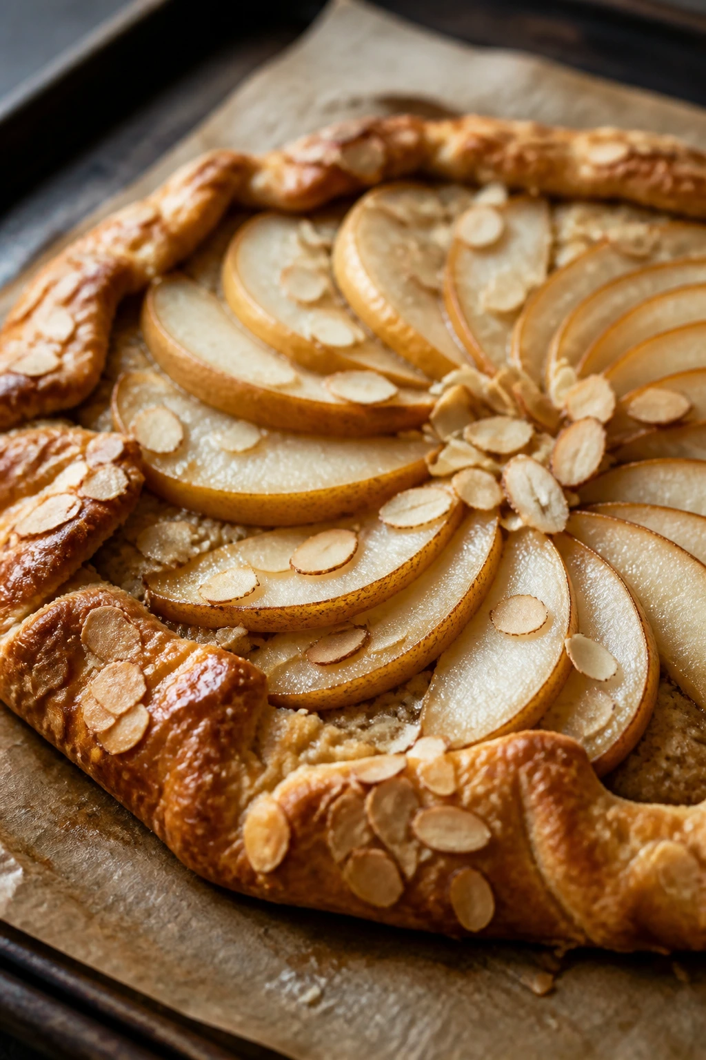 Close-up of a pear almond galette on parchment in a cozy kitchen
