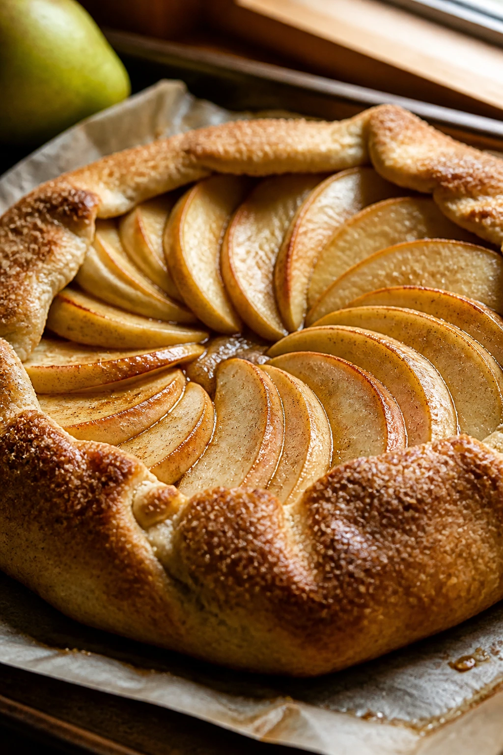 Close-up of pear galette with cinnamon-sugar crust on baking sheet.