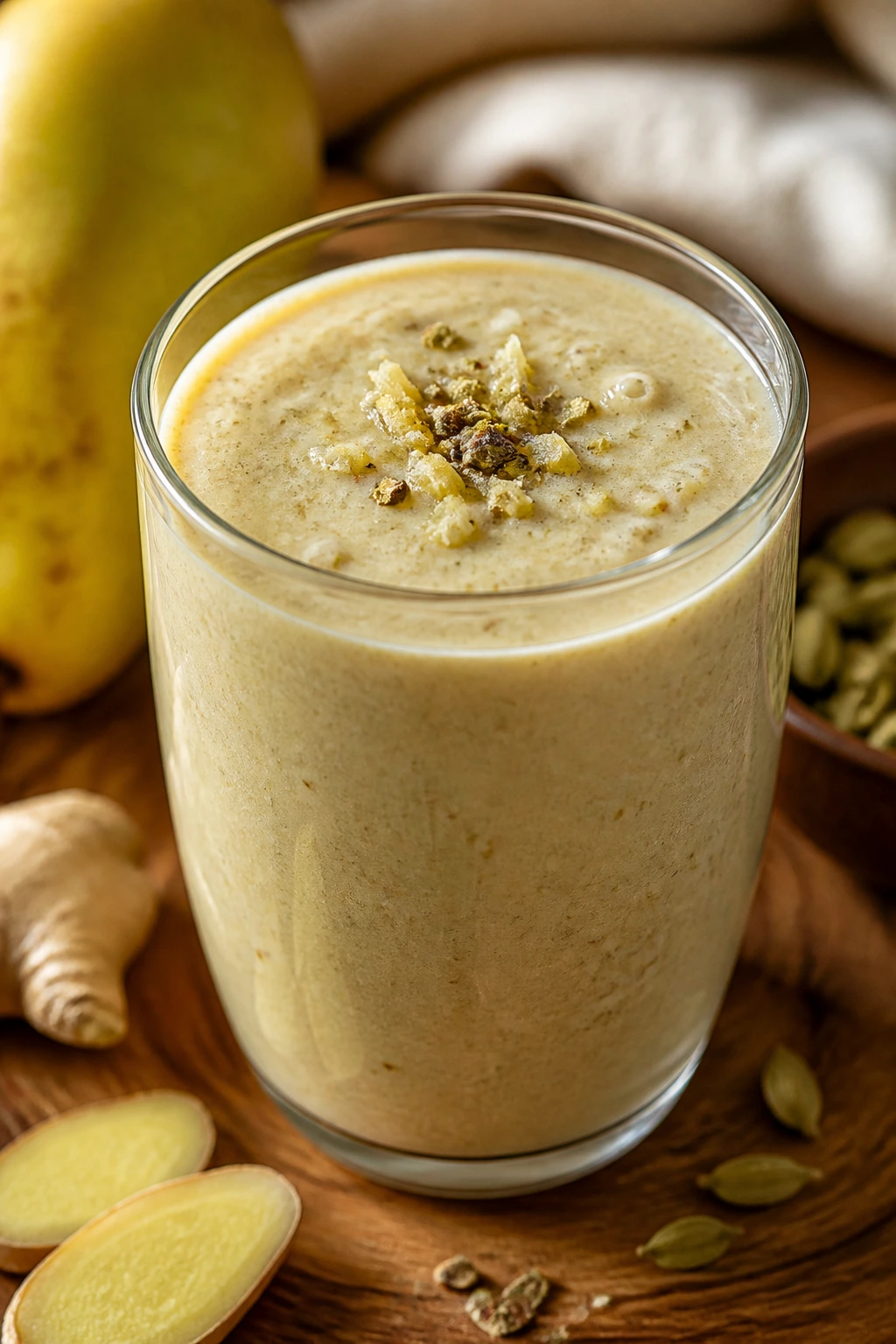 Close-up of pear ginger cardamom smoothie in a glass