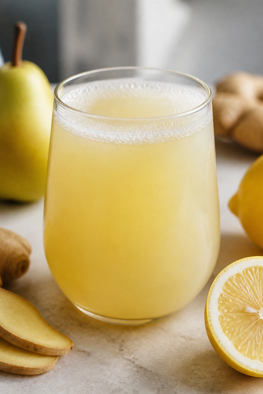 Pale yellow pear ginger lemon juice in a glass on a kitchen counter