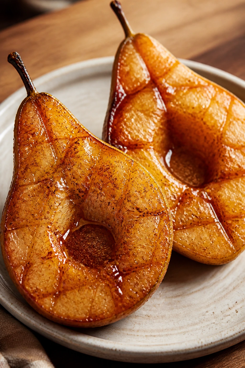 Close-up of cinnamon maple pears halved and glazed.