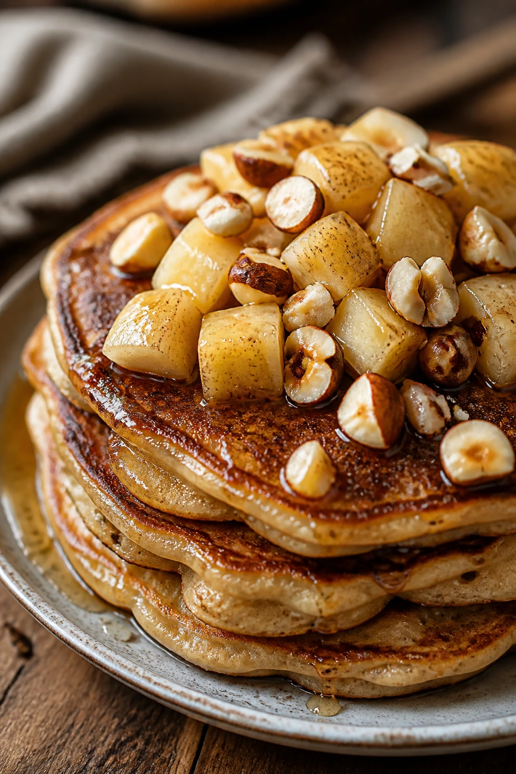 Close-up of Pear Hazelnut Pancakes showing pear pieces and hazelnuts