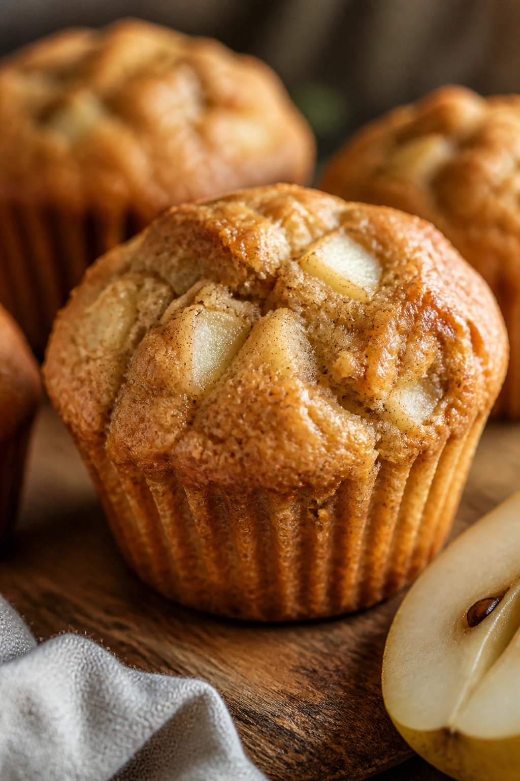 Close-up of a pear muffin with pear chunks on a wooden surface