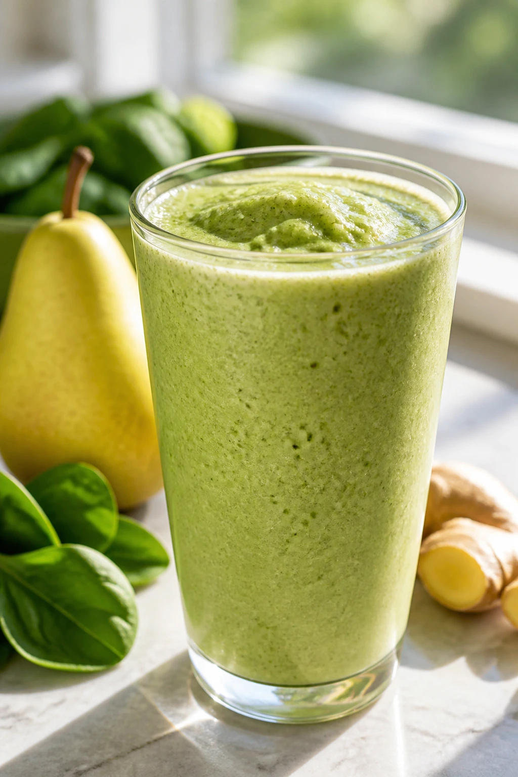 Close-up pale green smoothie in glass on marble counter