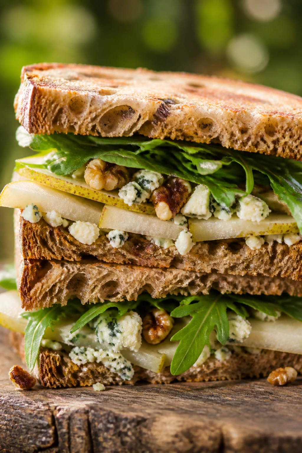 Close-up of pear-walnut-blue cheese sandwich on multigrain bread with arugula outdoors on a rustic picnic table
