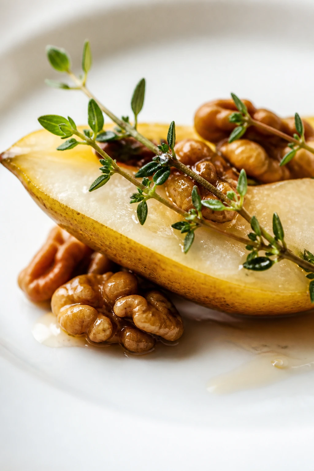 Pear slice with walnuts and thyme on a plate, variation in salad.