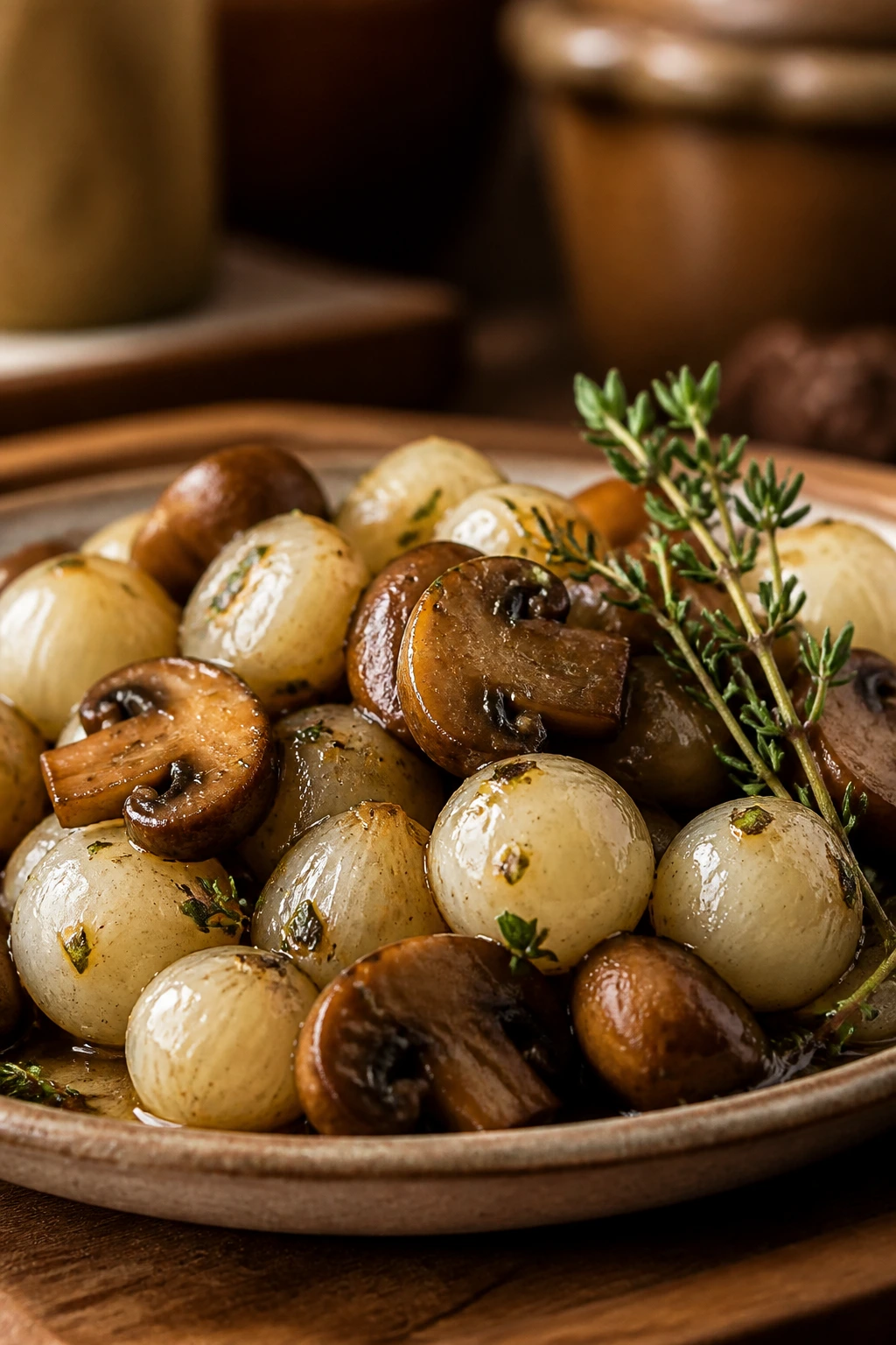 Pearl onions and mushrooms in butter herb glaze