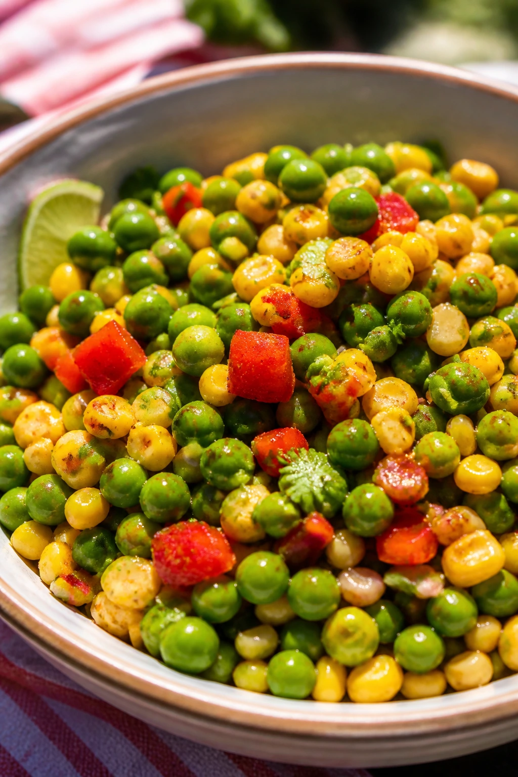 Close-up of pea and corn salad in a bright bowl with chili-lime dressing