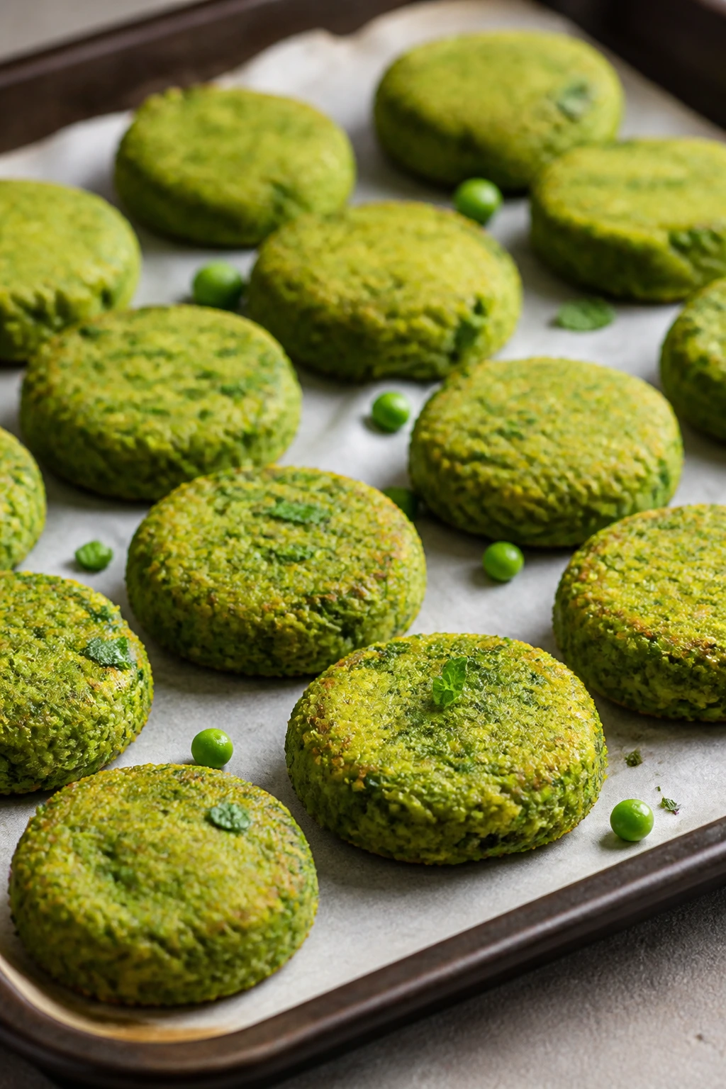 Bright green pea mint lemon veggie nuggets on parchment