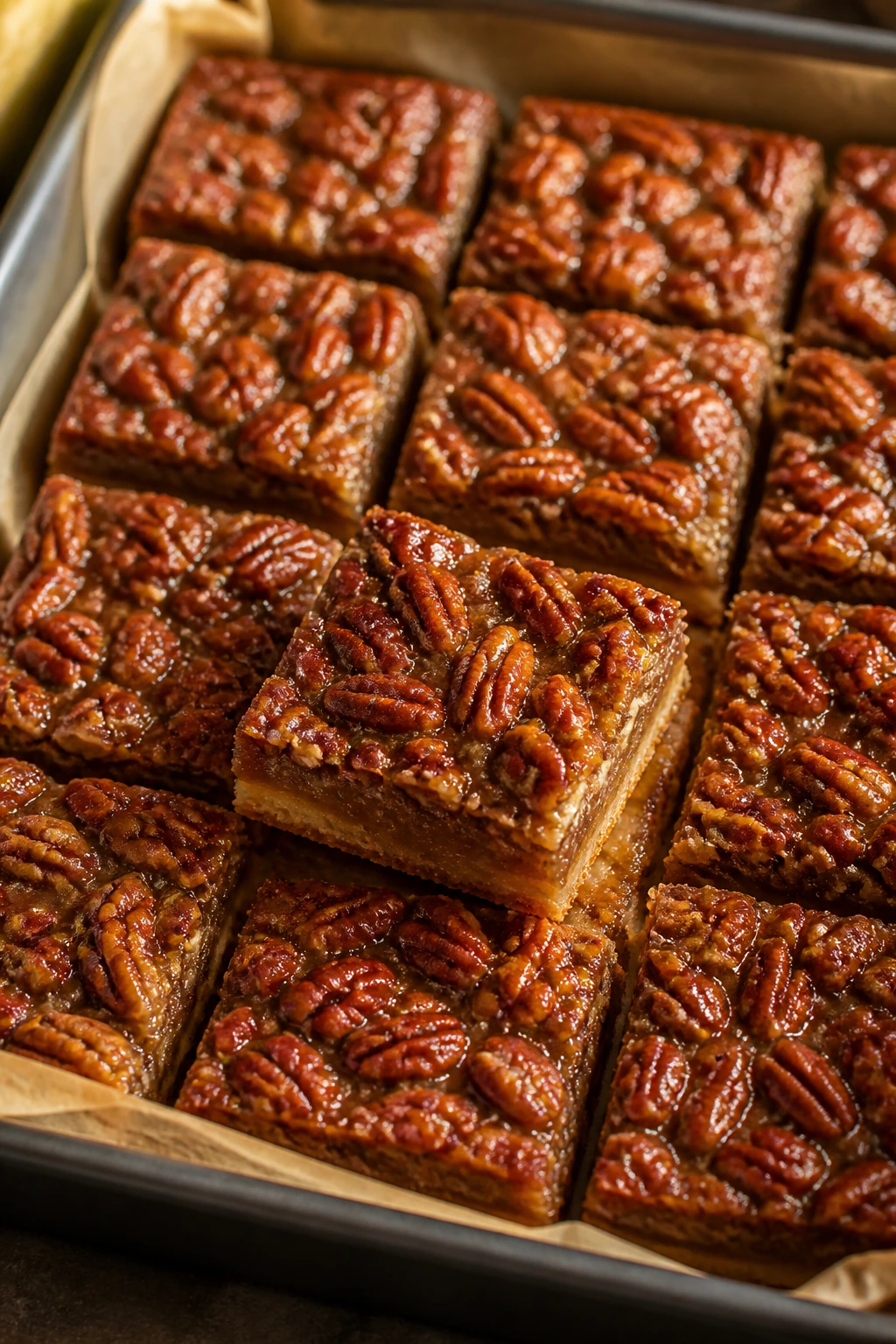 Close-up of maple pecan pie bars