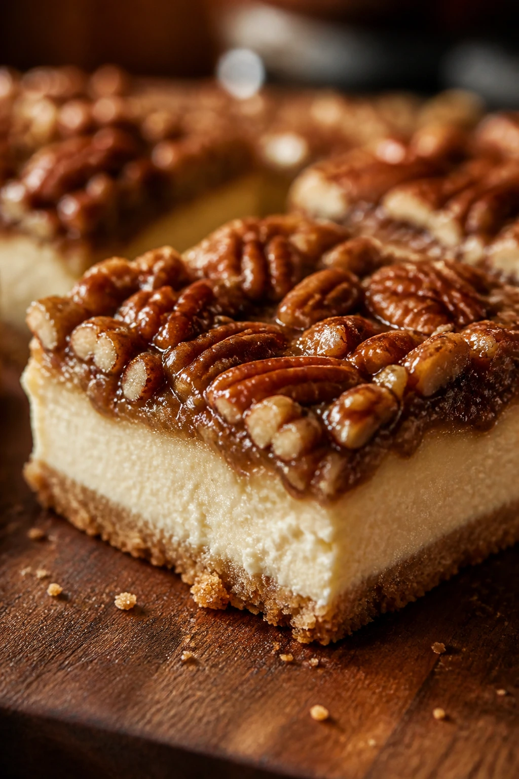 Close-up of a pecan-topped cheesecake bar on a wooden board