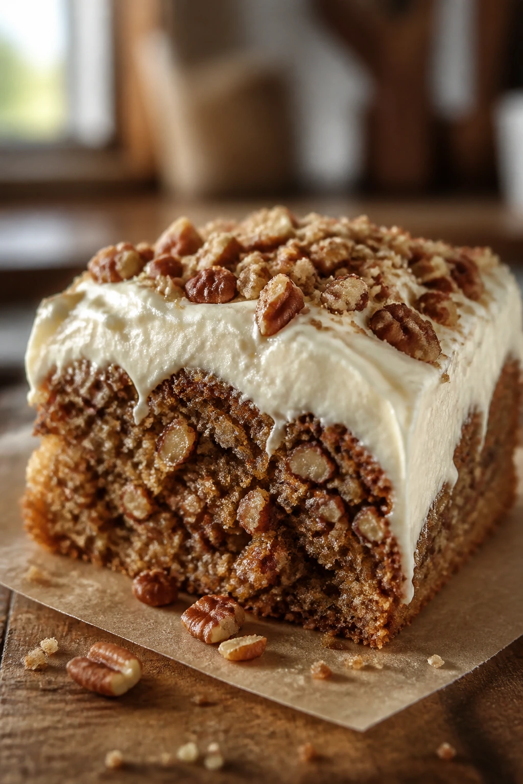Close-up of pecan crumble cake slice with cream cheese frosting on a wooden counter