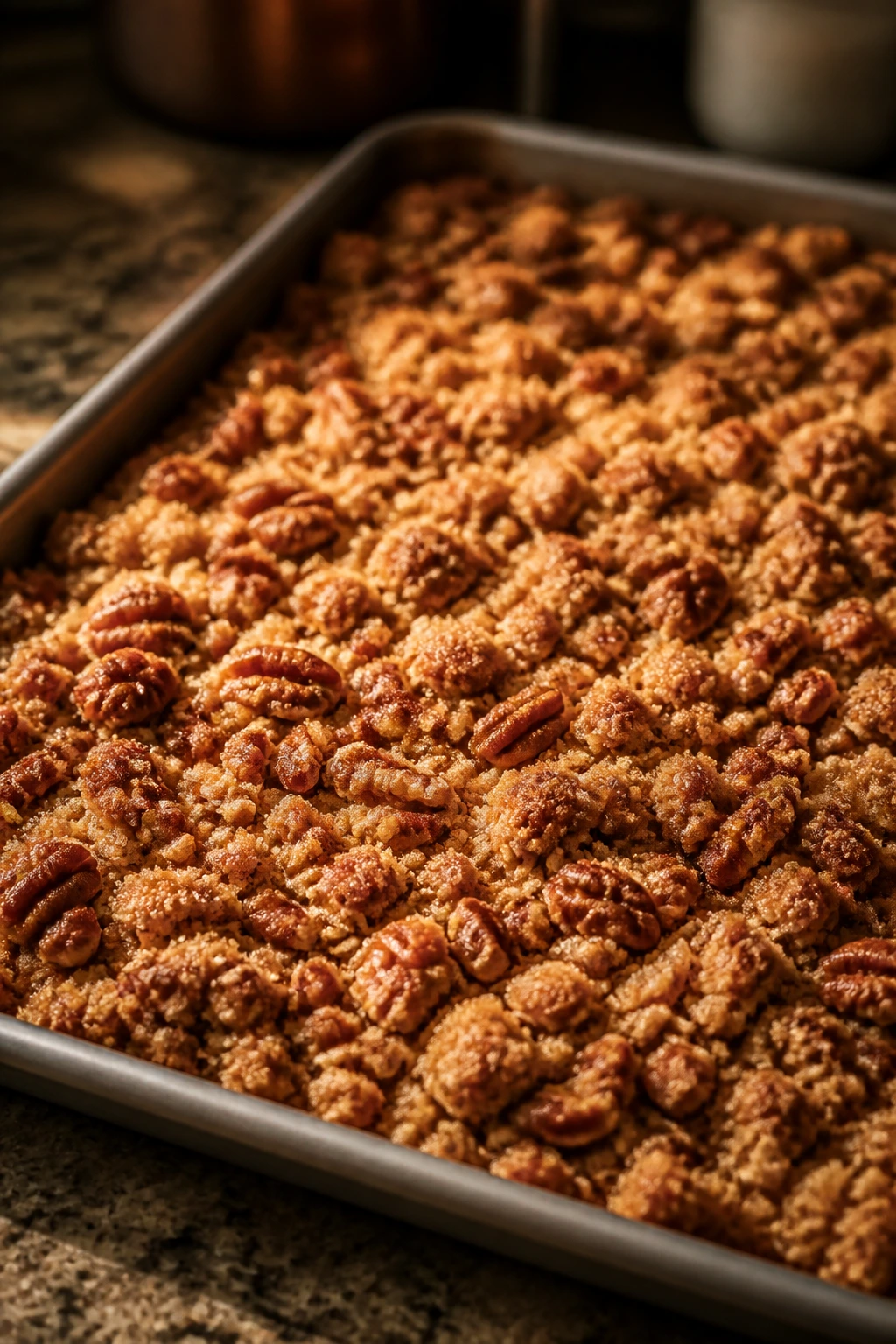 Sheet pan with toasted pecan crumble topping dominating the frame