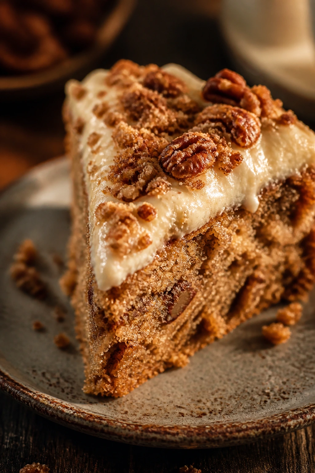 Single slice of pecan crumble cake on a plate with warm lighting