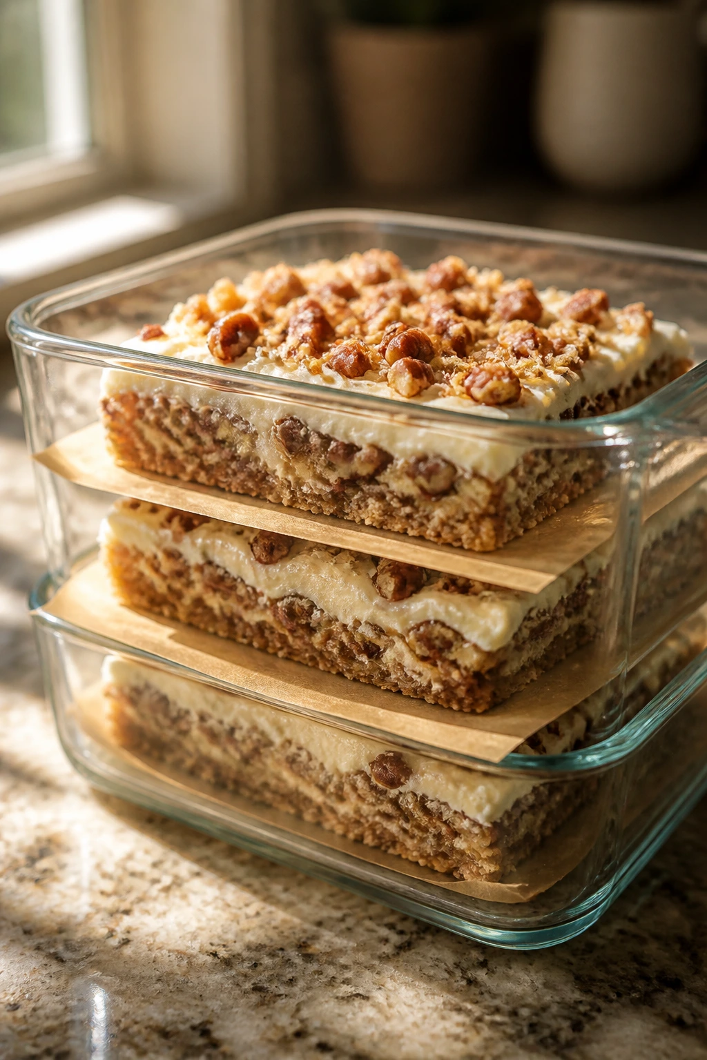 Frosted pecan crumble slices stored in glass container on a kitchen counter