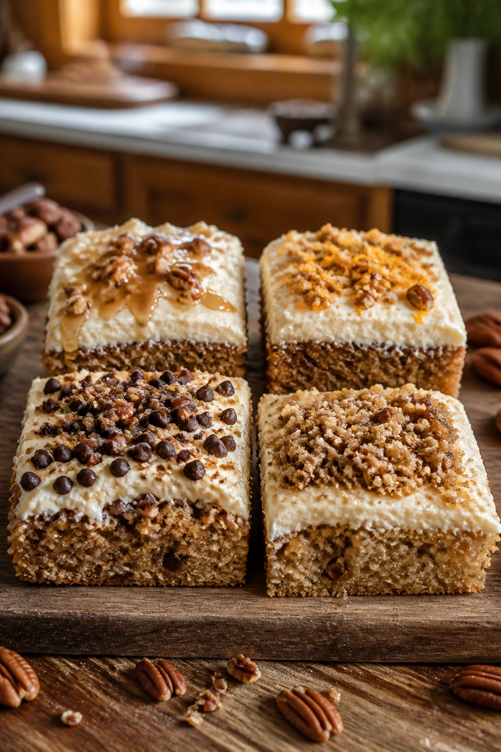 Close-up of four pecan crumble slices showing maple, orange zest, chocolate chips, and gluten-free variations on a wood board