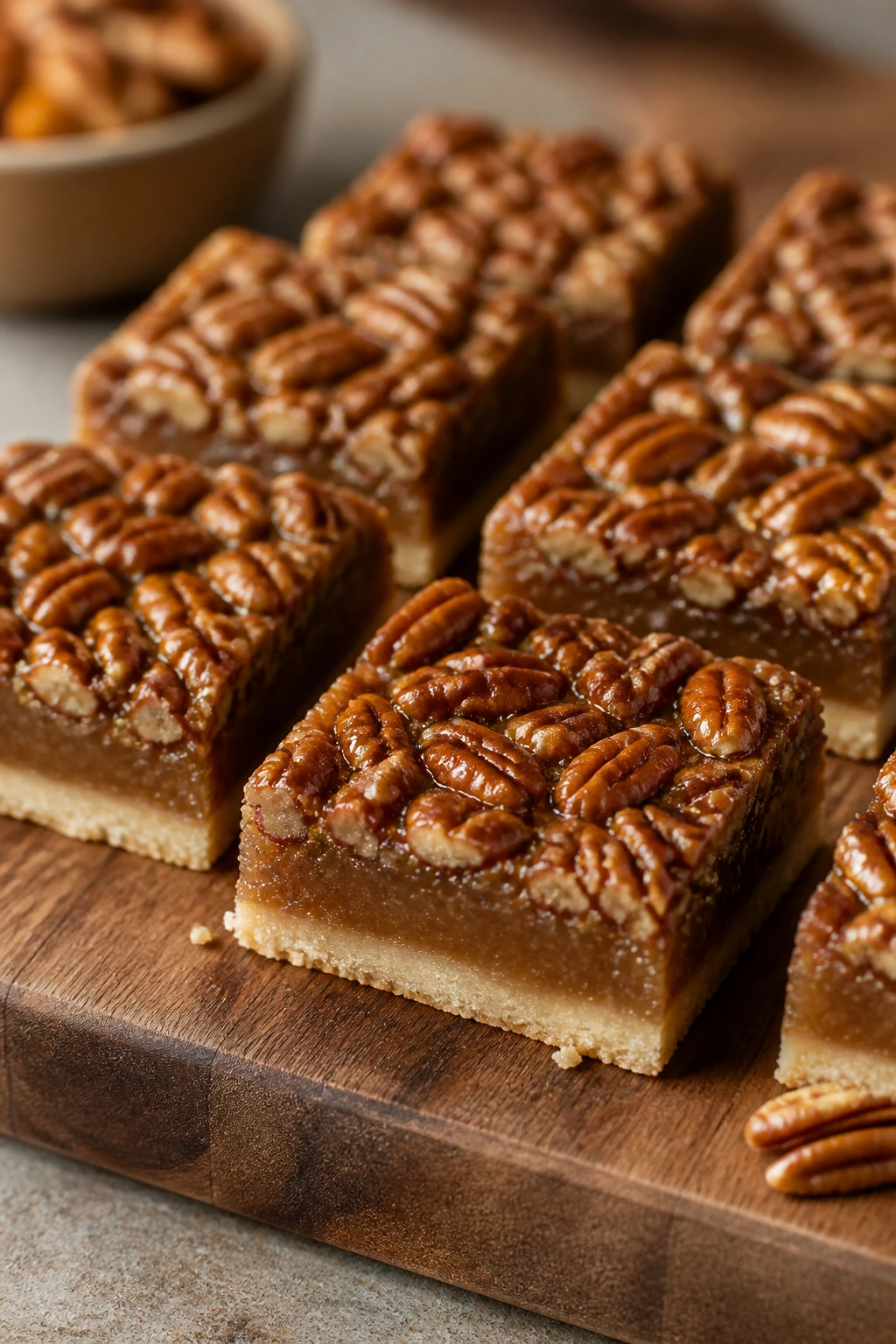 Close-up of pecan pie bars on a wooden board