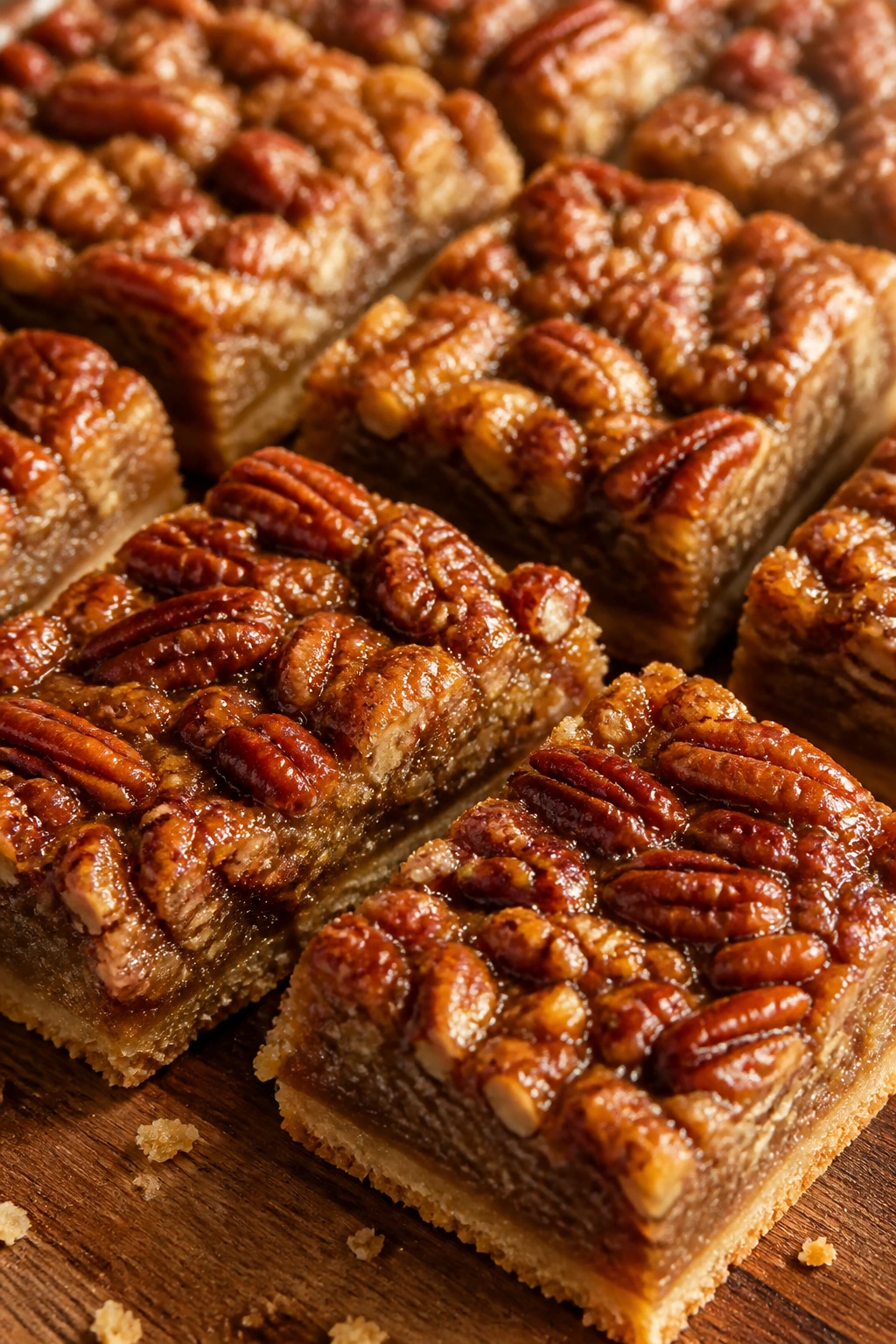 Close-up of pecan pie bars on a wooden board with pecans and caramel topping.