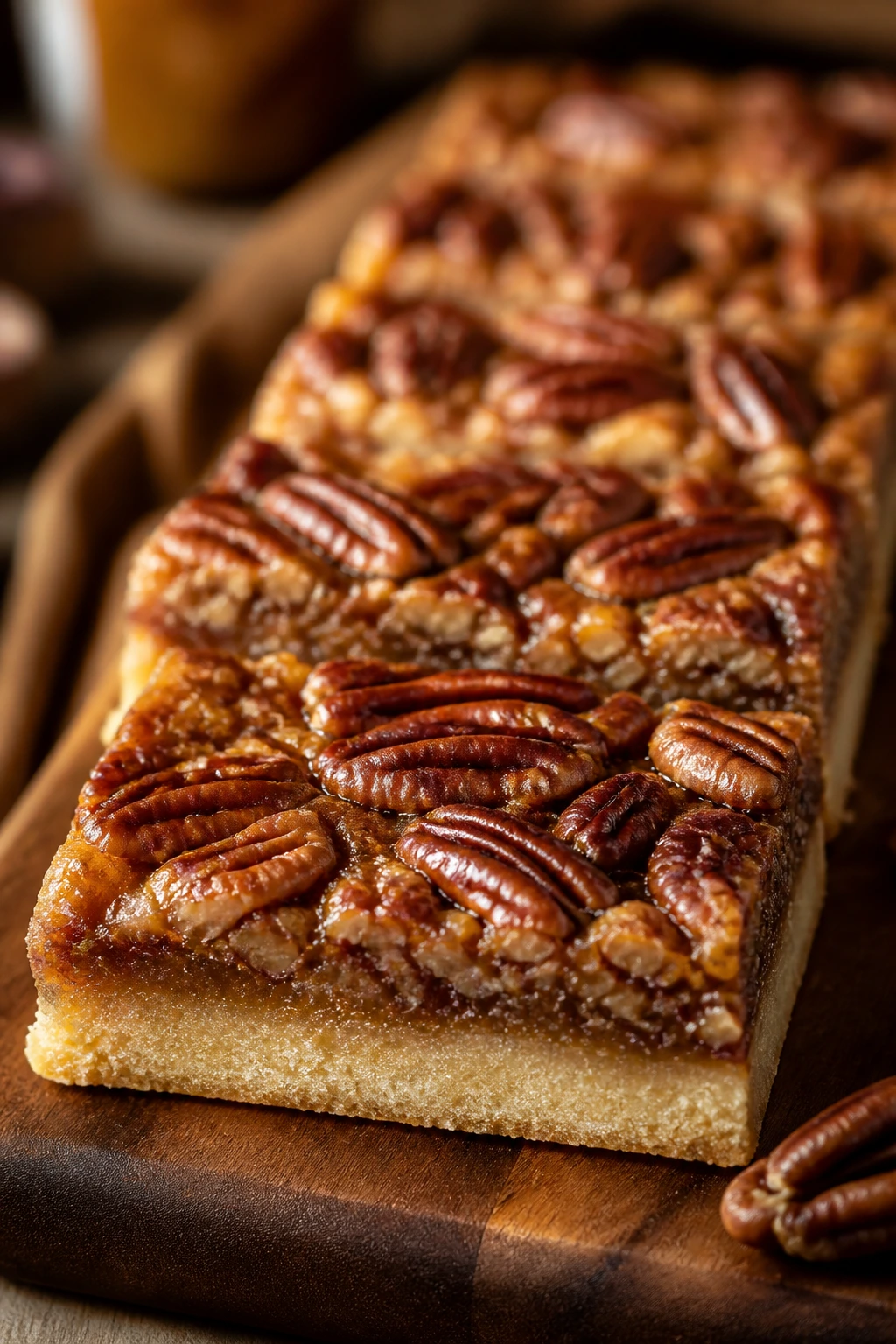 Pecan pie bars with protein shortbread on a wooden board