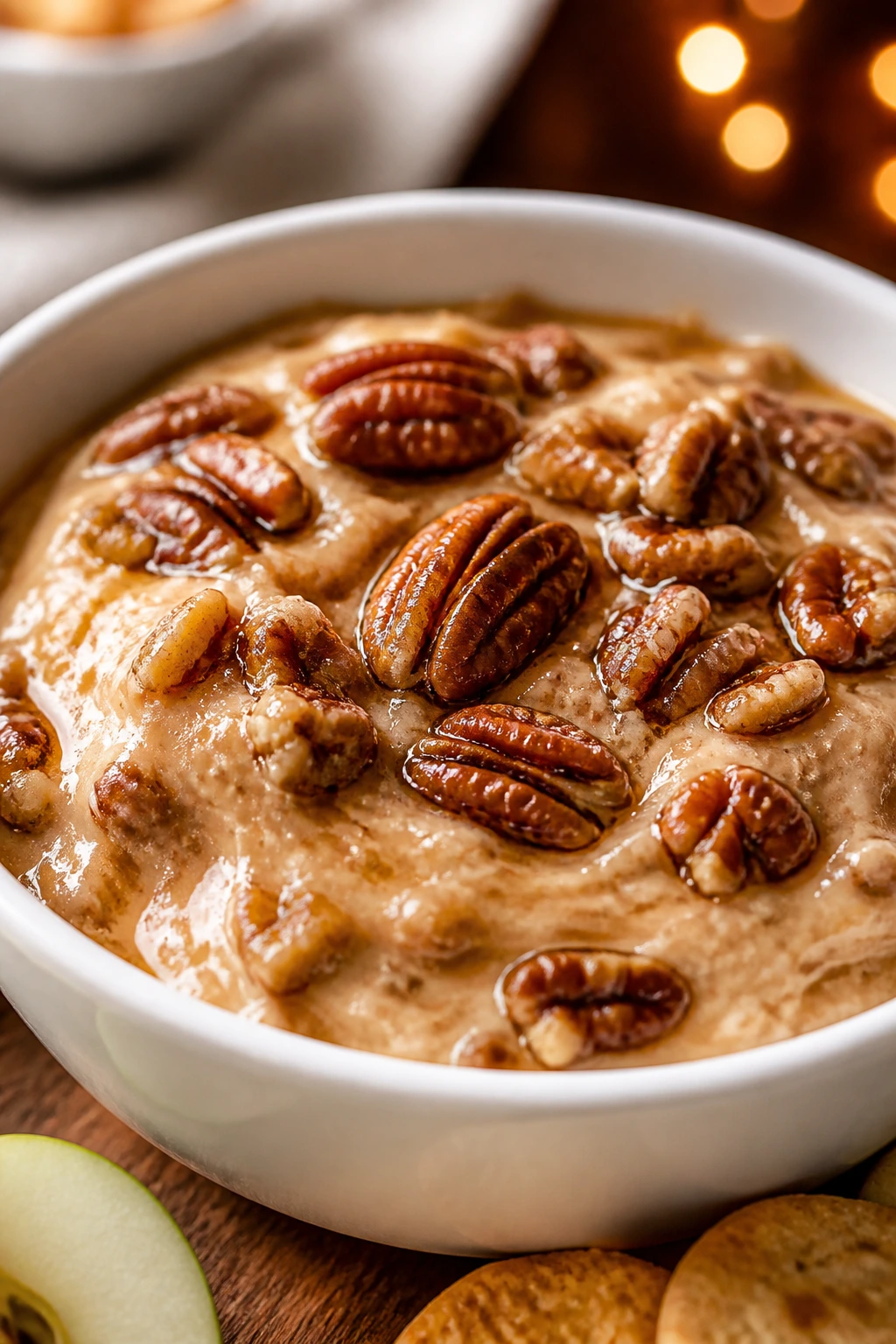 Pecan pie dip in a small bowl with pecans on top in a cozy kitchen