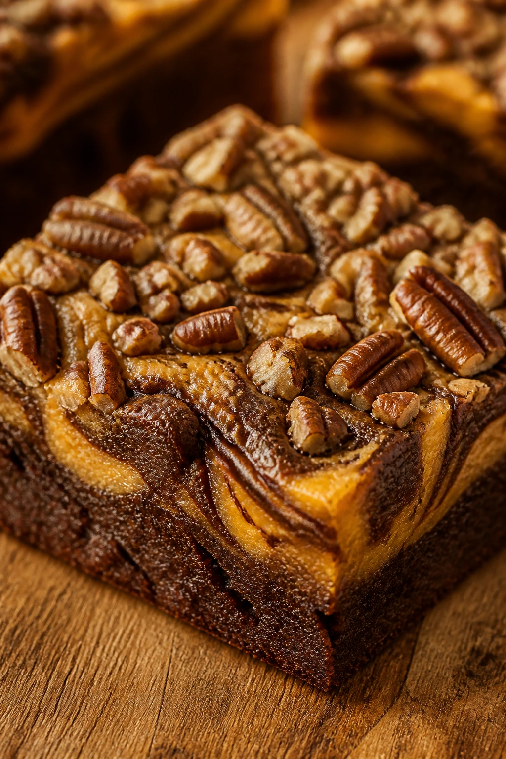 Close-up of Pecan Crunch Pumpkin Swirl Brownies with pecans and pumpkin swirl