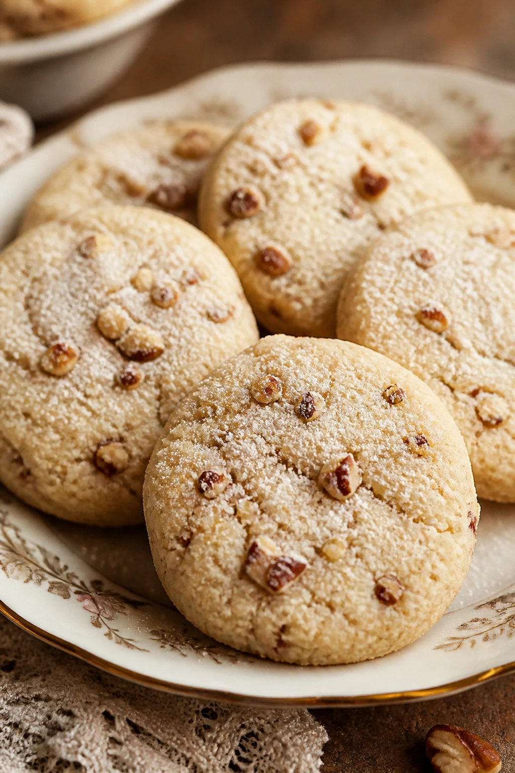 Close-up of pale pecan sandies on a plate with sugar dusting