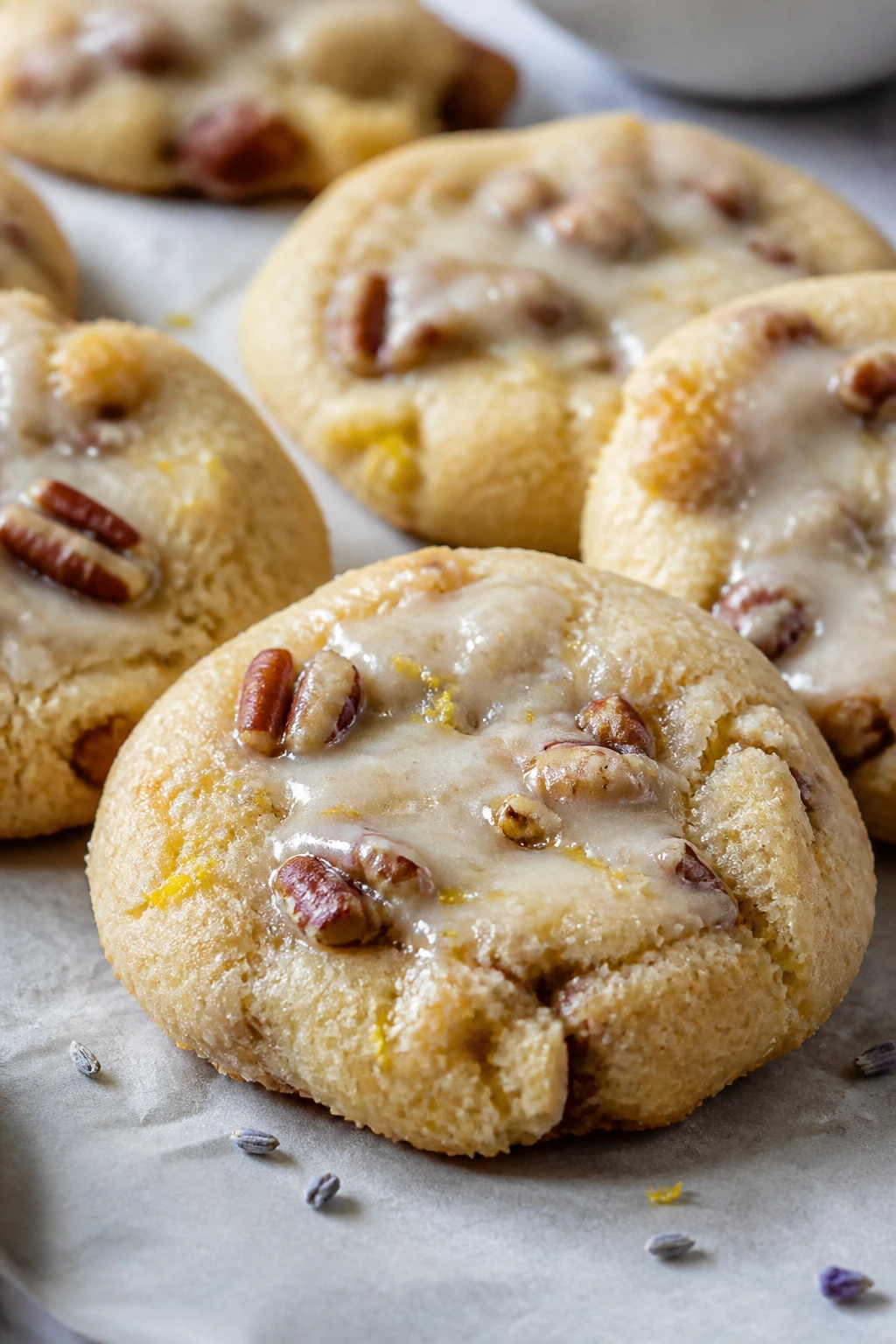 Close-up of lemon-lavender pecan sandies with zest and glaze on parchment