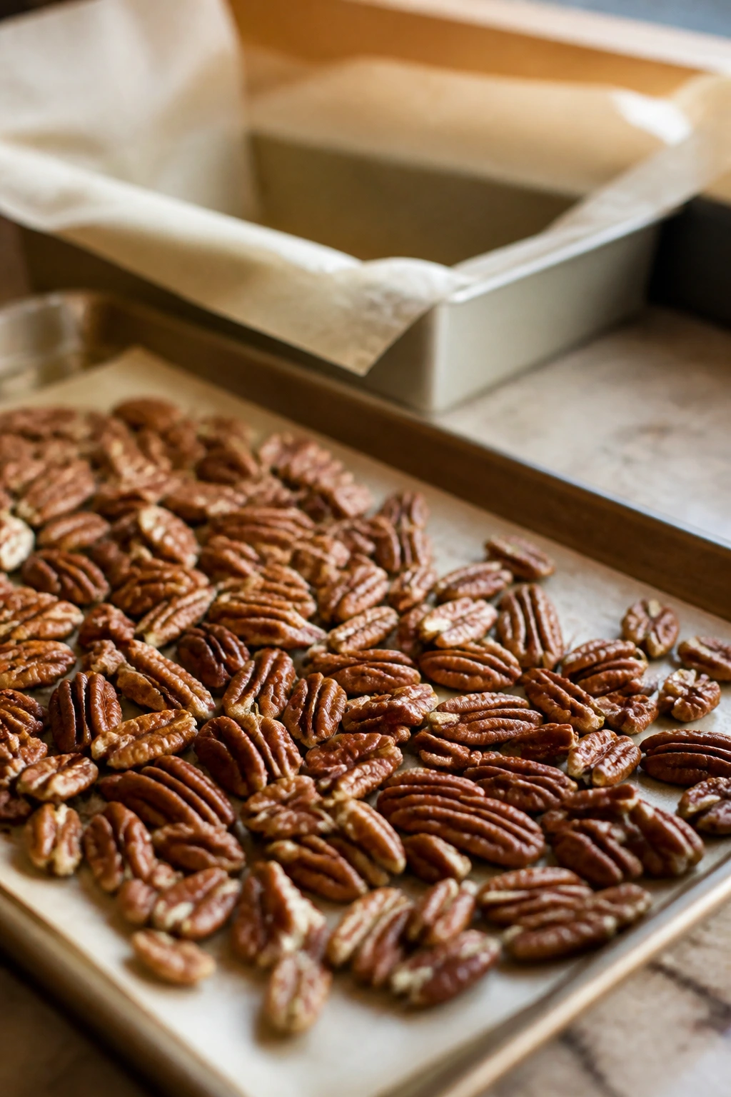 Close-up of toasted pecans on a baking sheet in a warm kitchen