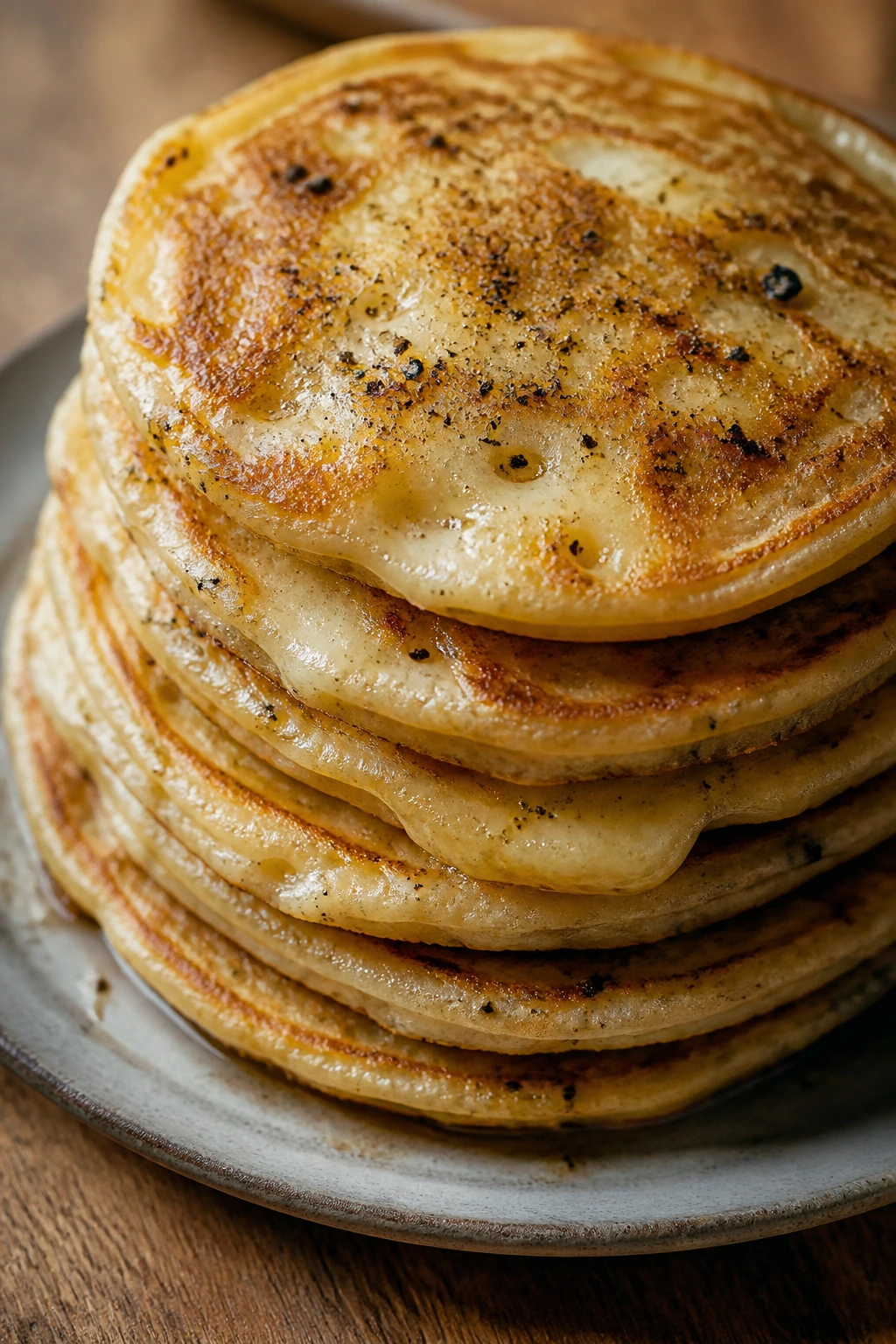 Close-up of Pecorino and Black Pepper Pancakes with melted cheese pockets on a golden stack