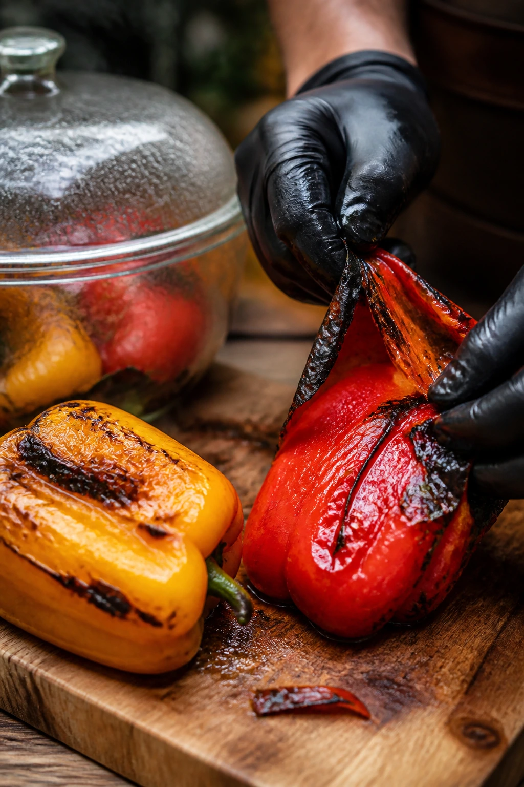 Pepper peeling: peppers on cutting board with one peeled and one with skins on
