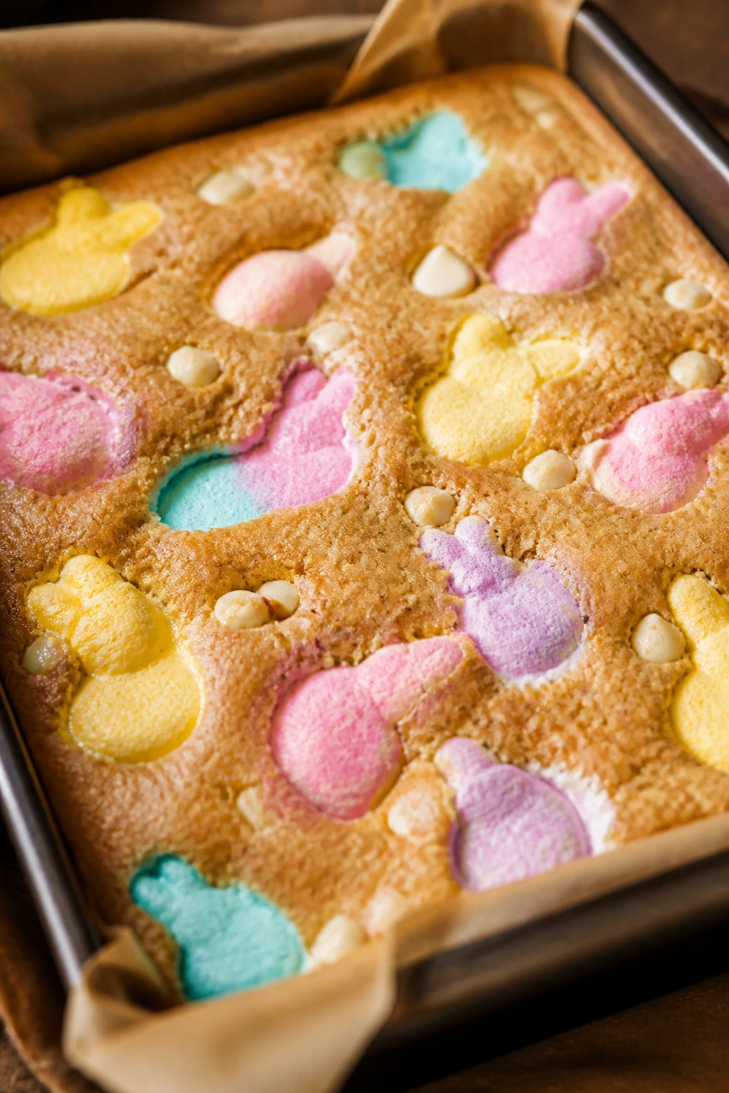 Close-up of Peeps marshmallow blondie with pastel pockets