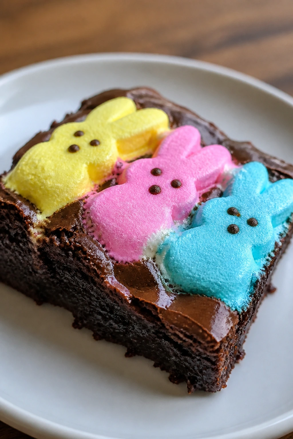 Close-up brownie square with Peeps on top and melted chocolate around edges