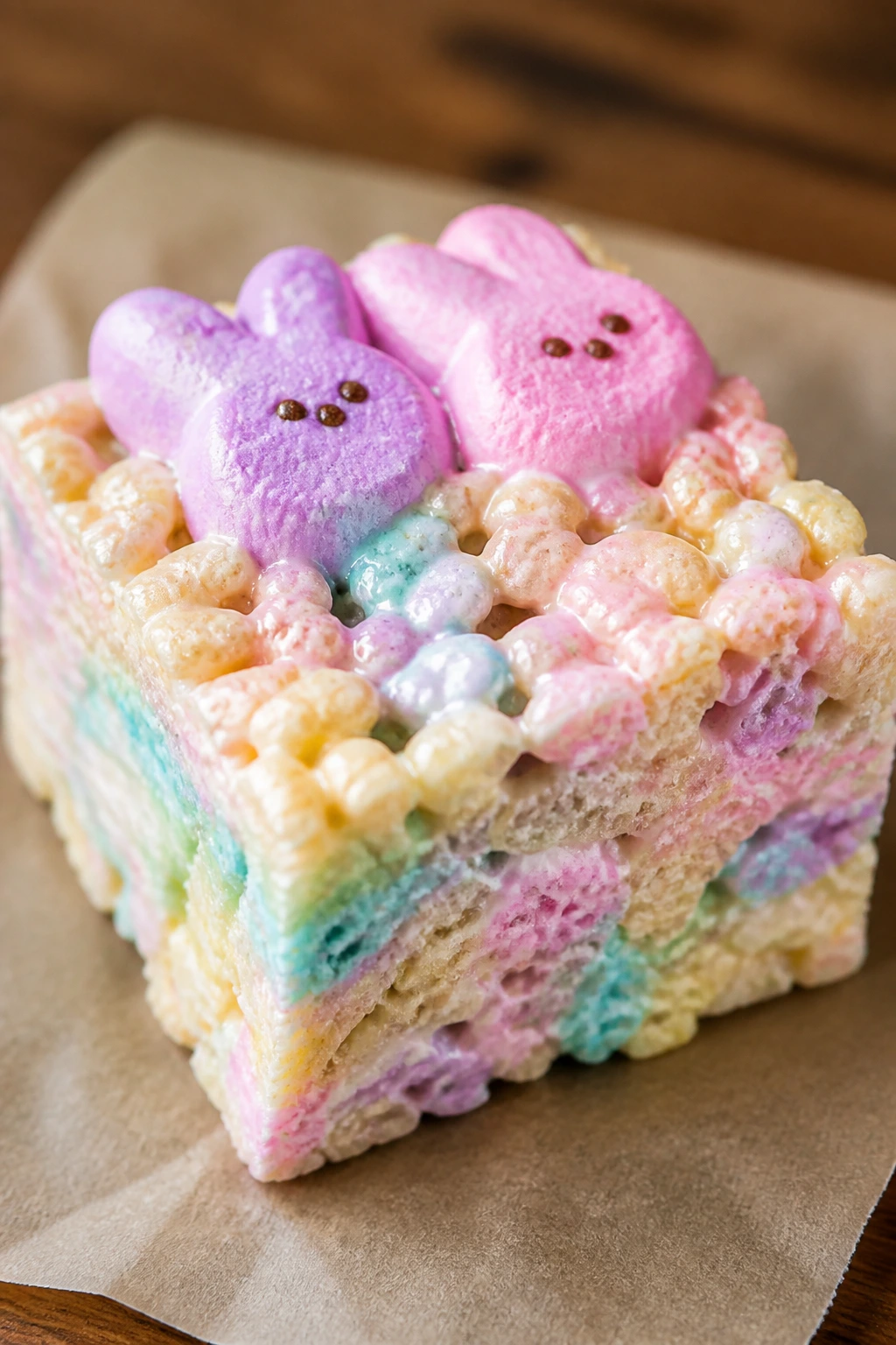 Close-up of Peeps Marshmallow Krispie Bar square with halved Peeps on top, pastel colors on parchment.