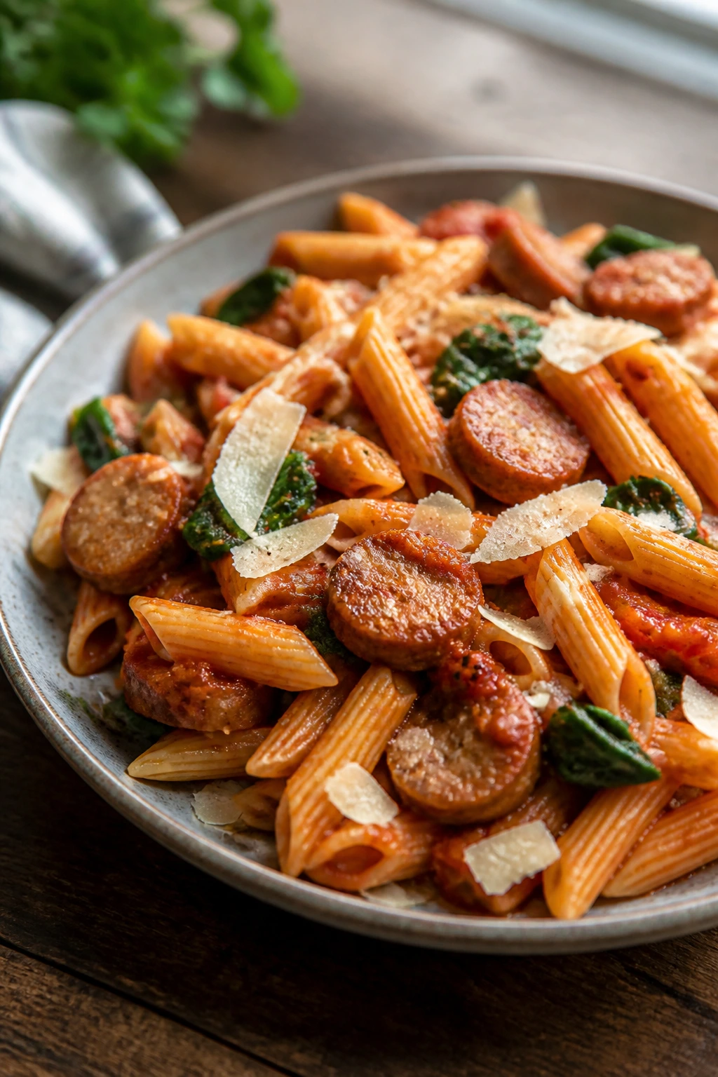Close-up of sausage tomato penne on plate with sausage and sauce filling the frame