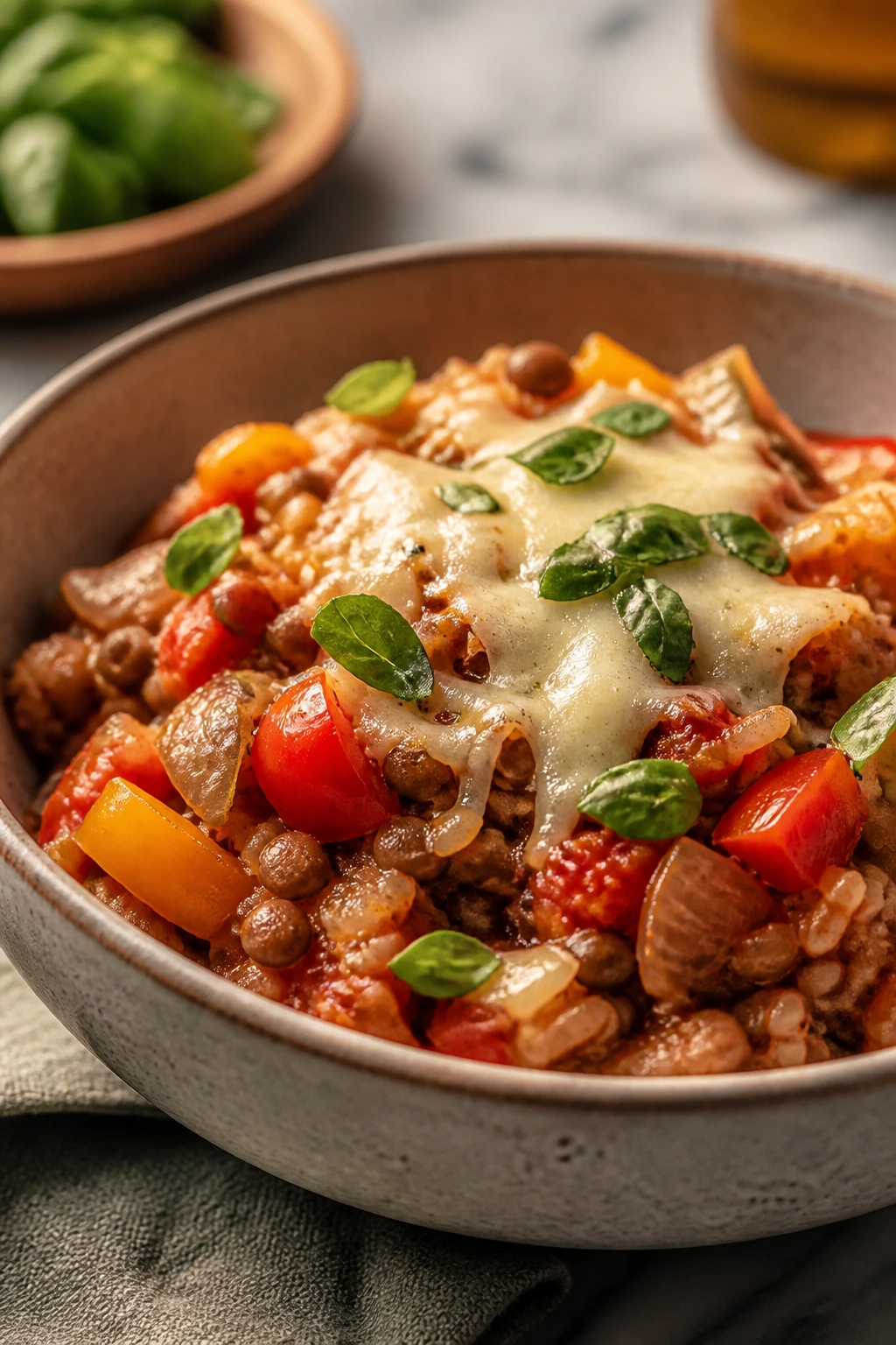 Pepper, lentils, and rice bowl with marinara and cheese