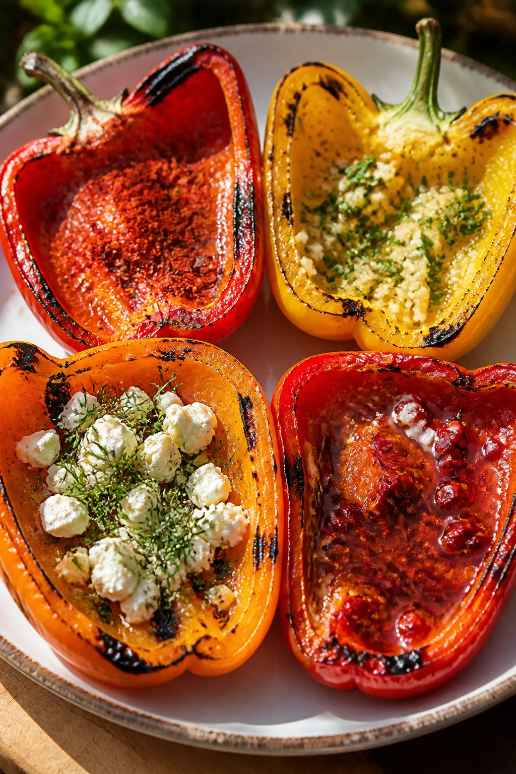 Four pepper halves with different flavor toppings